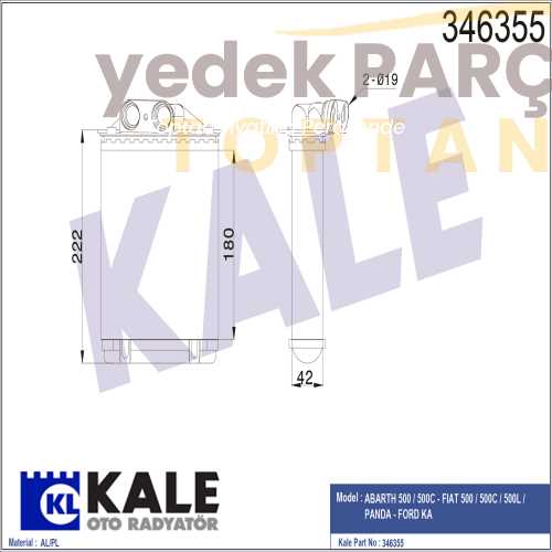 KALE KALORIFER RADYATORU 500 PANDA 1.2 1.3DMTJ 1.4 03> FORDKA 1.2 1.3 TDCI 08>16 AT/MT MEKANIK 180X22X42