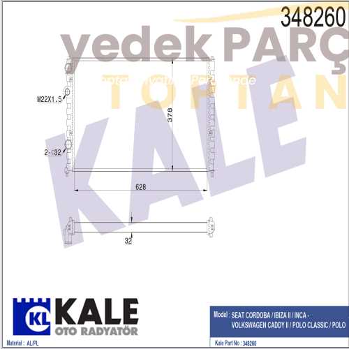 KALE RADYATOR MEKANIK VW CADDY2 POLO CLASSIC CORDOBA IBIZA II 1.4 1.6 1.8 1.9TDI 96 SONRASI 99 MT