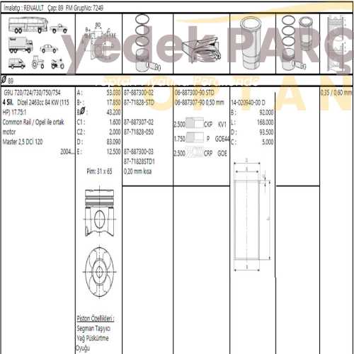 Yedek Parça :GOETZE PISTON SEGMAN 0.50 89MM MASTER G9U MOVANO 2.5 CDTI 16V G9U Özellikler: 8771828050000G