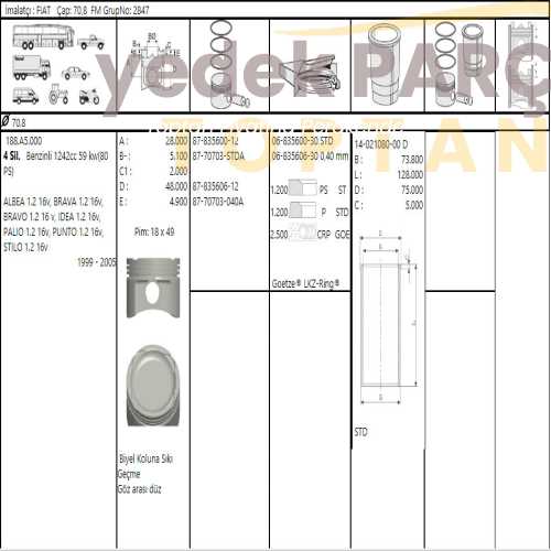 Yedek Parça :GOETZE PISTON SEGMAN 0.40 70.8MM PUNTO PALIO ALBEA 1.2 16V Özellikler: 877070304000AG