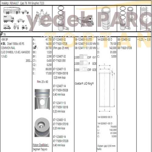 GOETZE PISTON SEGMAN STD 76.0 1.5 K9K (PIM:26MM 0.40MM KISA) CLIO KANGOO